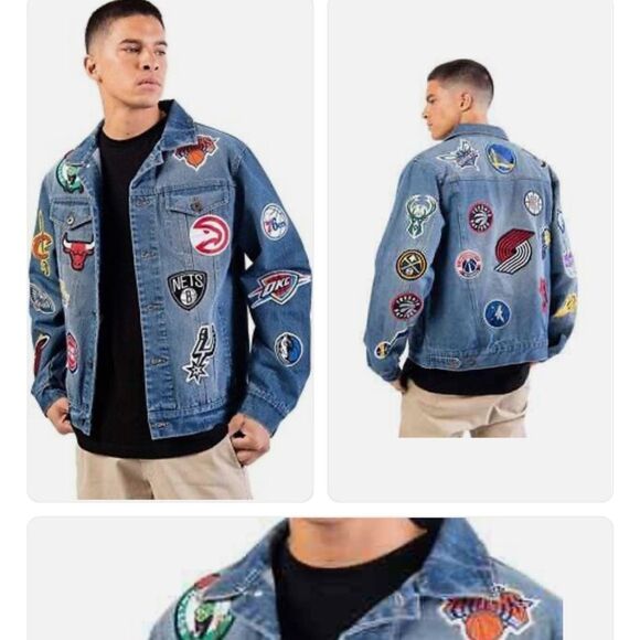 NBA Ultra Game Distressed Multi Team Patch Jean Jacket Knicks Nets Lakers Mens M - Picture 2 of 11